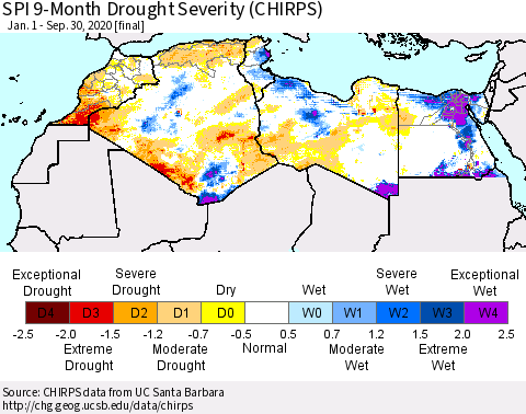 North Africa SPI 9-Month Drought Severity (CHIRPS) Thematic Map For 1/1/2020 - 9/30/2020