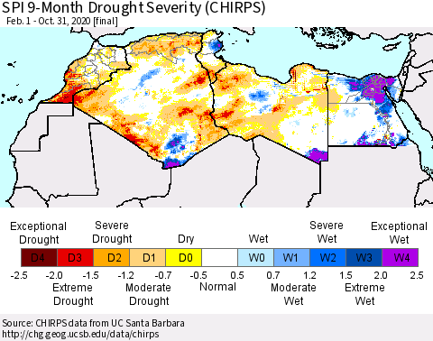 North Africa SPI 9-Month Drought Severity (CHIRPS) Thematic Map For 2/1/2020 - 10/31/2020