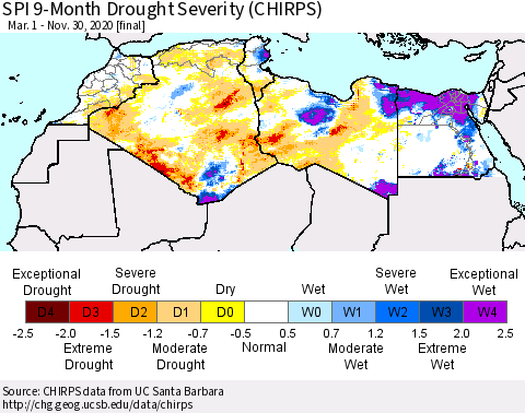 North Africa SPI 9-Month Drought Severity (CHIRPS) Thematic Map For 3/1/2020 - 11/30/2020