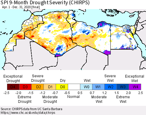 North Africa SPI 9-Month Drought Severity (CHIRPS) Thematic Map For 4/1/2020 - 12/31/2020