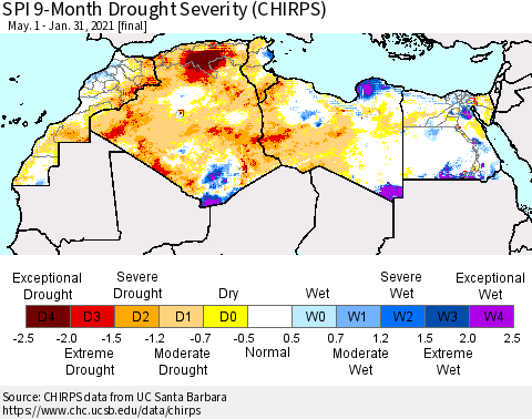 North Africa SPI 9-Month Drought Severity (CHIRPS) Thematic Map For 5/1/2020 - 1/31/2021