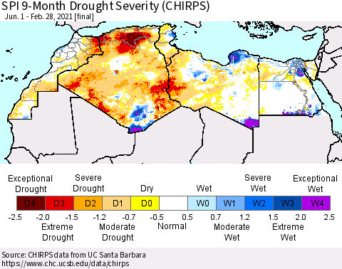North Africa SPI 9-Month Drought Severity (CHIRPS) Thematic Map For 6/1/2020 - 2/28/2021