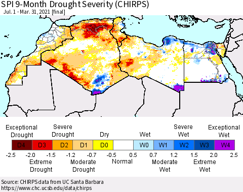 North Africa SPI 9-Month Drought Severity (CHIRPS) Thematic Map For 7/1/2020 - 3/31/2021