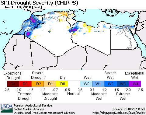 North Africa SPI Drought Severity (CHIRPS) Thematic Map For 1/1/2018 - 1/10/2018