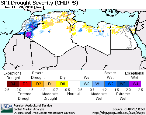 North Africa SPI Drought Severity (CHIRPS) Thematic Map For 1/11/2018 - 1/20/2018