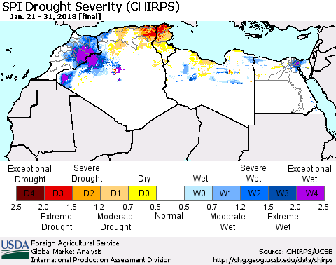 North Africa SPI Drought Severity (CHIRPS) Thematic Map For 1/21/2018 - 1/31/2018