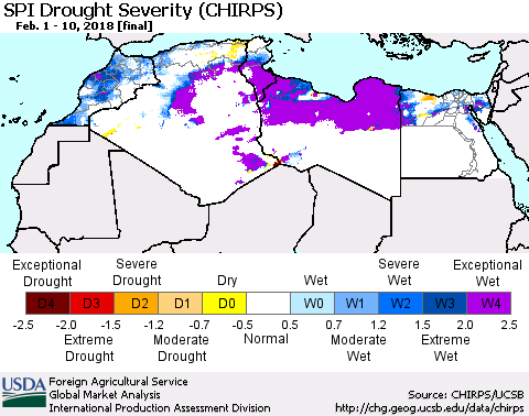 North Africa SPI Drought Severity (CHIRPS) Thematic Map For 2/1/2018 - 2/10/2018