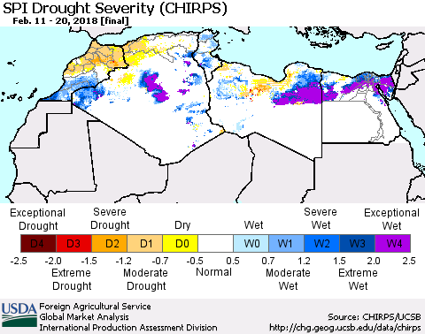 North Africa SPI Drought Severity (CHIRPS) Thematic Map For 2/11/2018 - 2/20/2018