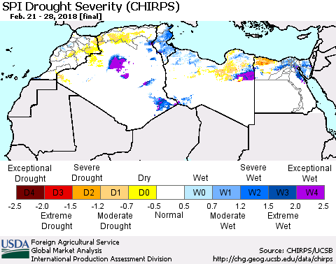 North Africa SPI Drought Severity (CHIRPS) Thematic Map For 2/21/2018 - 2/28/2018