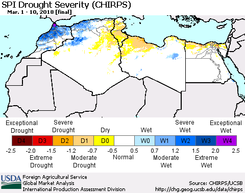 North Africa SPI Drought Severity (CHIRPS) Thematic Map For 3/1/2018 - 3/10/2018