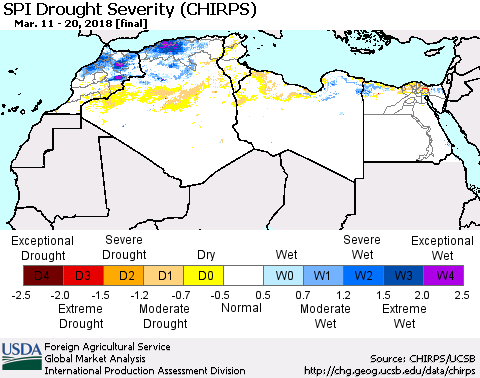 North Africa SPI Drought Severity (CHIRPS) Thematic Map For 3/11/2018 - 3/20/2018