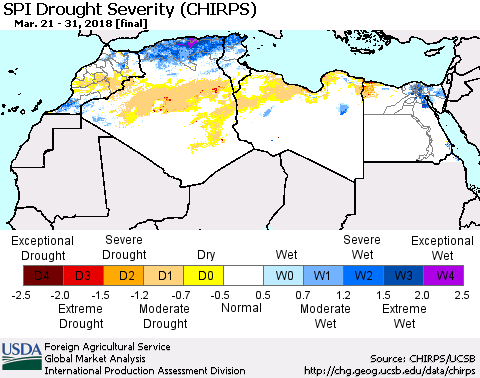 North Africa SPI Drought Severity (CHIRPS) Thematic Map For 3/21/2018 - 3/31/2018