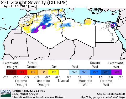 North Africa SPI Drought Severity (CHIRPS) Thematic Map For 4/1/2018 - 4/10/2018