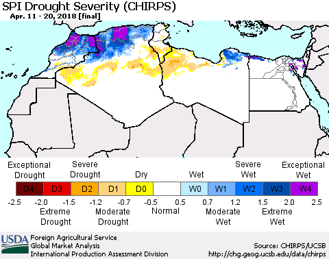 North Africa SPI Drought Severity (CHIRPS) Thematic Map For 4/11/2018 - 4/20/2018