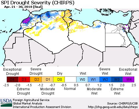 North Africa SPI Drought Severity (CHIRPS) Thematic Map For 4/21/2018 - 4/30/2018
