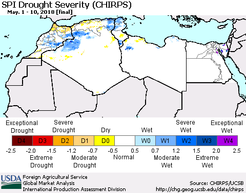 North Africa SPI Drought Severity (CHIRPS) Thematic Map For 5/1/2018 - 5/10/2018