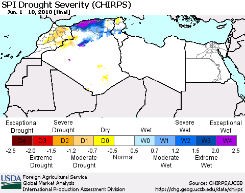 North Africa SPI Drought Severity (CHIRPS) Thematic Map For 6/1/2018 - 6/10/2018