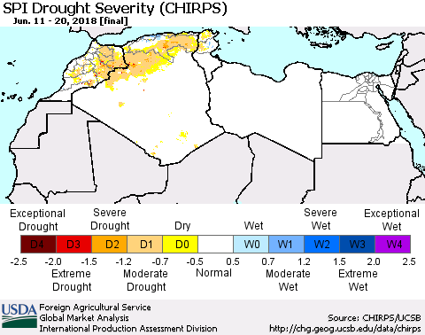 North Africa SPI Drought Severity (CHIRPS) Thematic Map For 6/11/2018 - 6/20/2018