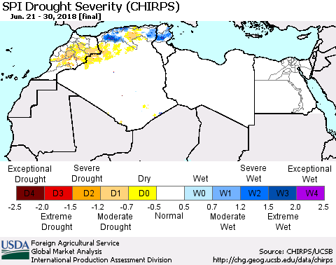 North Africa SPI Drought Severity (CHIRPS) Thematic Map For 6/21/2018 - 6/30/2018
