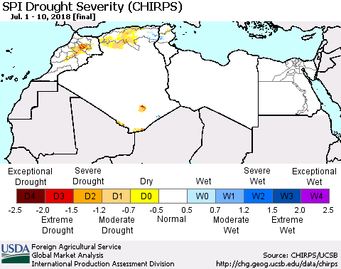 North Africa SPI Drought Severity (CHIRPS) Thematic Map For 7/1/2018 - 7/10/2018