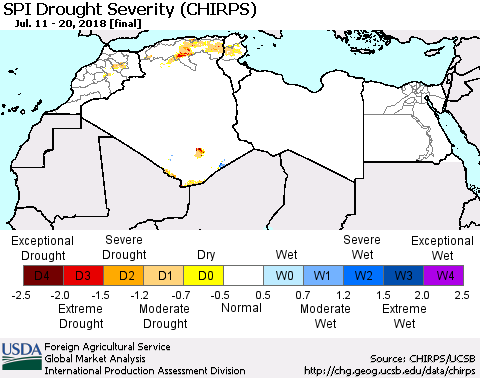 North Africa SPI Drought Severity (CHIRPS) Thematic Map For 7/11/2018 - 7/20/2018