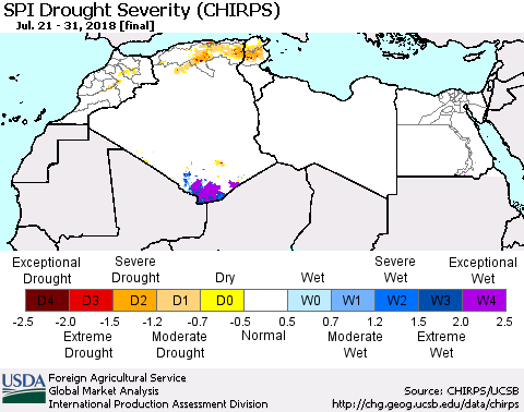 North Africa SPI Drought Severity (CHIRPS) Thematic Map For 7/21/2018 - 7/31/2018