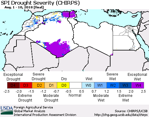 North Africa SPI Drought Severity (CHIRPS) Thematic Map For 8/1/2018 - 8/10/2018