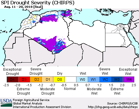 North Africa SPI Drought Severity (CHIRPS) Thematic Map For 8/11/2018 - 8/20/2018