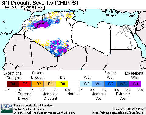 North Africa SPI Drought Severity (CHIRPS) Thematic Map For 8/21/2018 - 8/31/2018