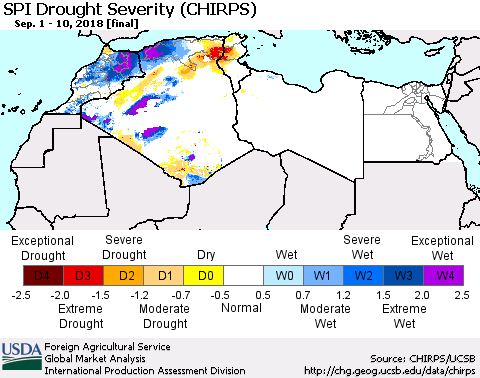 North Africa SPI Drought Severity (CHIRPS) Thematic Map For 9/1/2018 - 9/10/2018