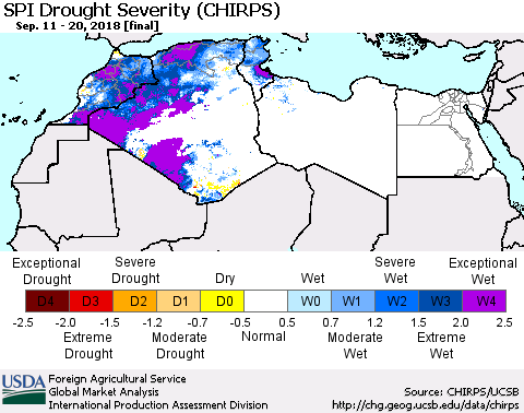 North Africa SPI Drought Severity (CHIRPS) Thematic Map For 9/11/2018 - 9/20/2018