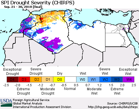 North Africa SPI Drought Severity (CHIRPS) Thematic Map For 9/21/2018 - 9/30/2018
