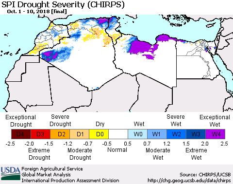North Africa SPI Drought Severity (CHIRPS) Thematic Map For 10/1/2018 - 10/10/2018