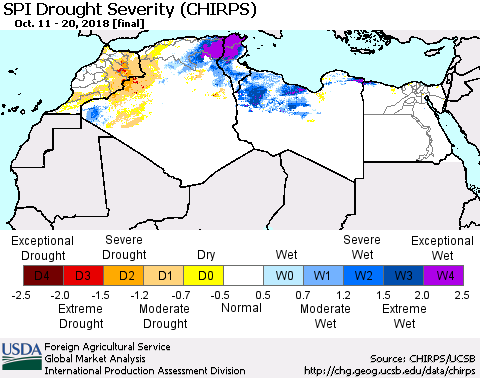North Africa SPI Drought Severity (CHIRPS) Thematic Map For 10/11/2018 - 10/20/2018