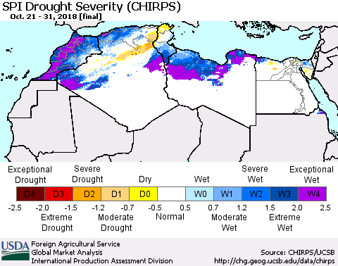 North Africa SPI Drought Severity (CHIRPS) Thematic Map For 10/21/2018 - 10/31/2018