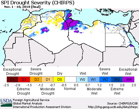North Africa SPI Drought Severity (CHIRPS) Thematic Map For 11/1/2018 - 11/10/2018