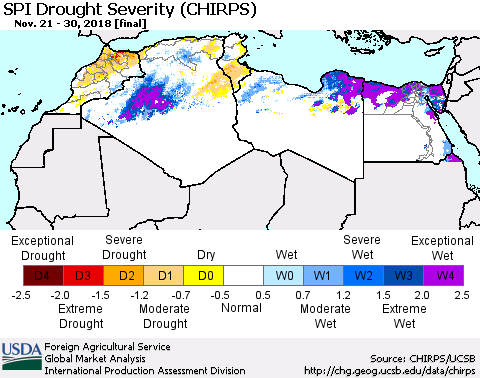 North Africa SPI Drought Severity (CHIRPS) Thematic Map For 11/21/2018 - 11/30/2018