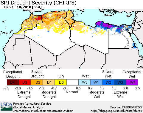 North Africa SPI Drought Severity (CHIRPS) Thematic Map For 12/1/2018 - 12/10/2018