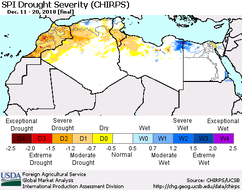 North Africa SPI Drought Severity (CHIRPS) Thematic Map For 12/11/2018 - 12/20/2018