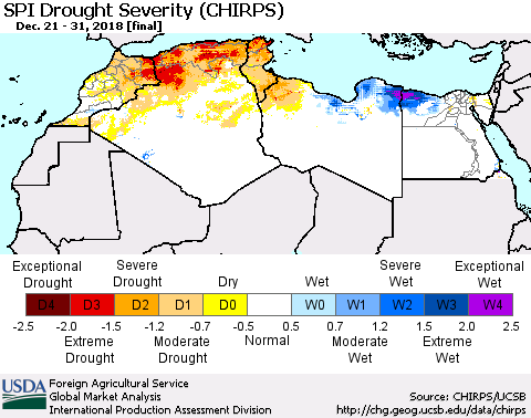 North Africa SPI Drought Severity (CHIRPS) Thematic Map For 12/21/2018 - 12/31/2018