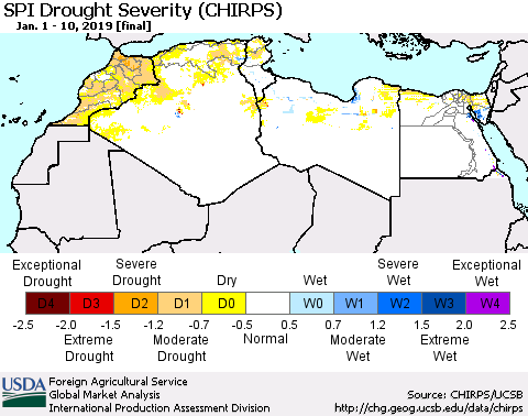 North Africa SPI Drought Severity (CHIRPS) Thematic Map For 1/1/2019 - 1/10/2019