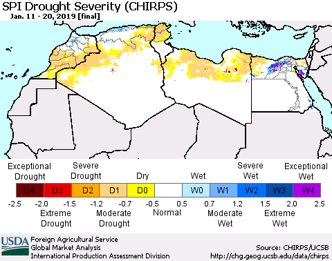 North Africa SPI Drought Severity (CHIRPS) Thematic Map For 1/11/2019 - 1/20/2019