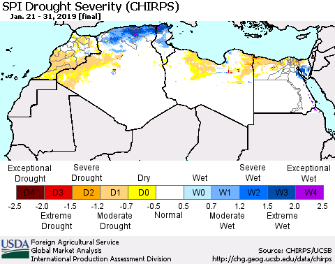 North Africa SPI Drought Severity (CHIRPS) Thematic Map For 1/21/2019 - 1/31/2019