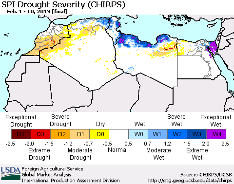 North Africa SPI Drought Severity (CHIRPS) Thematic Map For 2/1/2019 - 2/10/2019