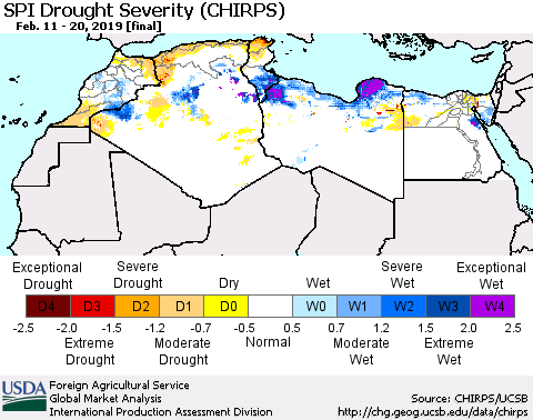 North Africa SPI Drought Severity (CHIRPS) Thematic Map For 2/11/2019 - 2/20/2019