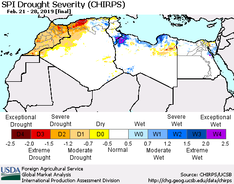 North Africa SPI Drought Severity (CHIRPS) Thematic Map For 2/21/2019 - 2/28/2019