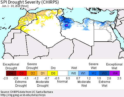 North Africa SPI Drought Severity (CHIRPS) Thematic Map For 1/1/2020 - 1/10/2020