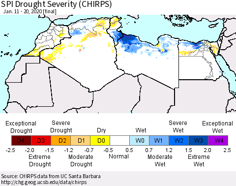 North Africa SPI Drought Severity (CHIRPS) Thematic Map For 1/11/2020 - 1/20/2020