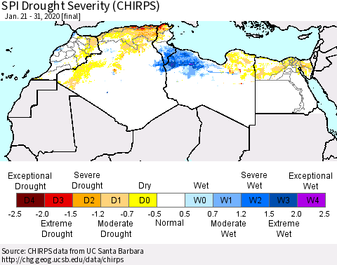 North Africa SPI Drought Severity (CHIRPS) Thematic Map For 1/21/2020 - 1/31/2020