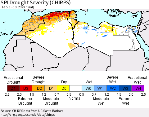 North Africa SPI Drought Severity (CHIRPS) Thematic Map For 2/1/2020 - 2/10/2020